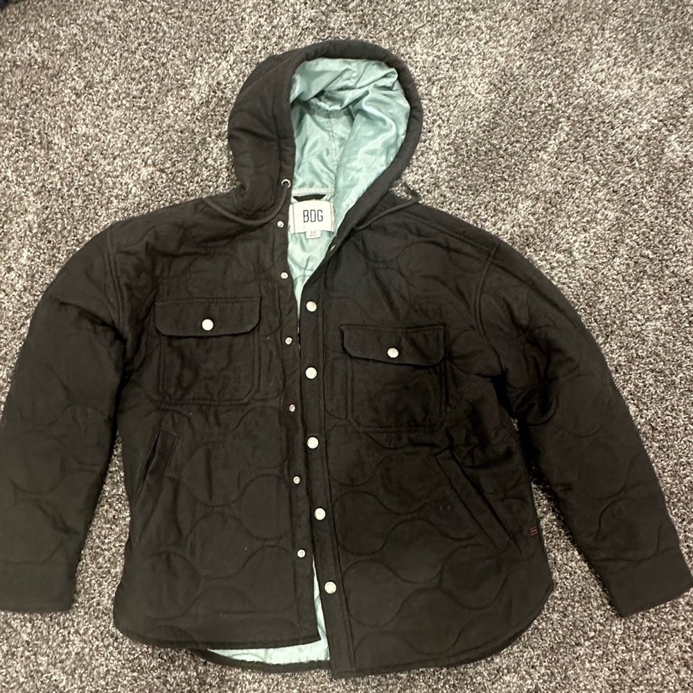 BDG size small dark gray almost black snap coat w/ baby blue lining! Beautiful